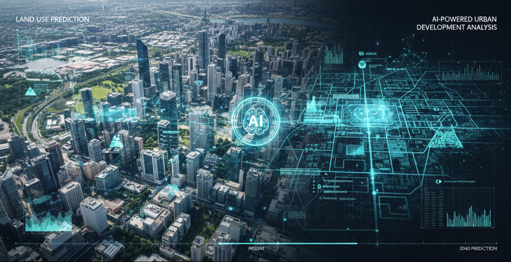 Urban land use prediction map with AI-driven change scenarios and development potential overlays